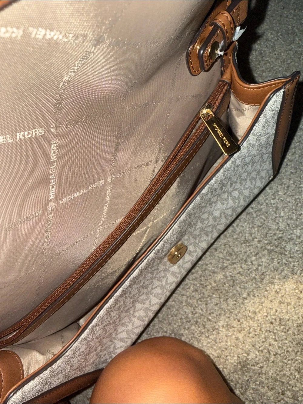 Michael Kors Cream Signature Shoulder Bag with Brown Trim and Gold Chain